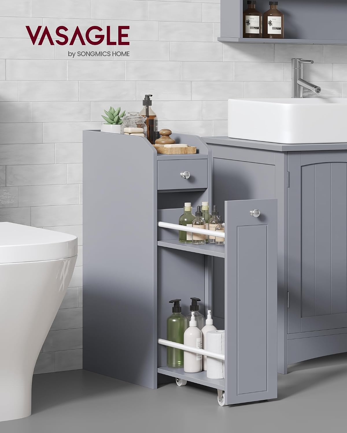 VASAGLE Small Bathroom Storage Cabinet, with Slide Out Drawers,Dove Gray