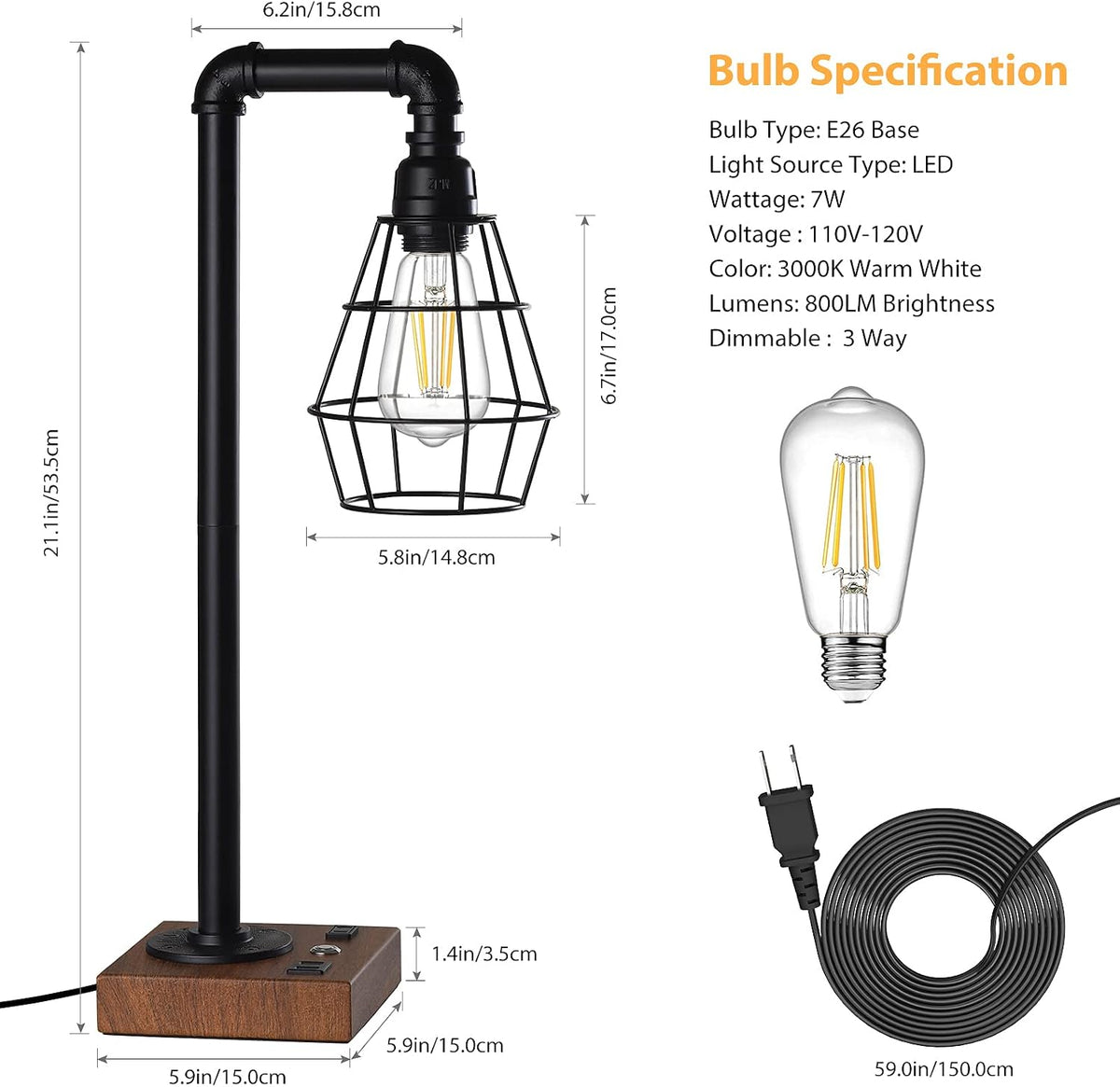 Industrial Touch Control Table Lamp with Metal Cage Shade, Desk Lamps