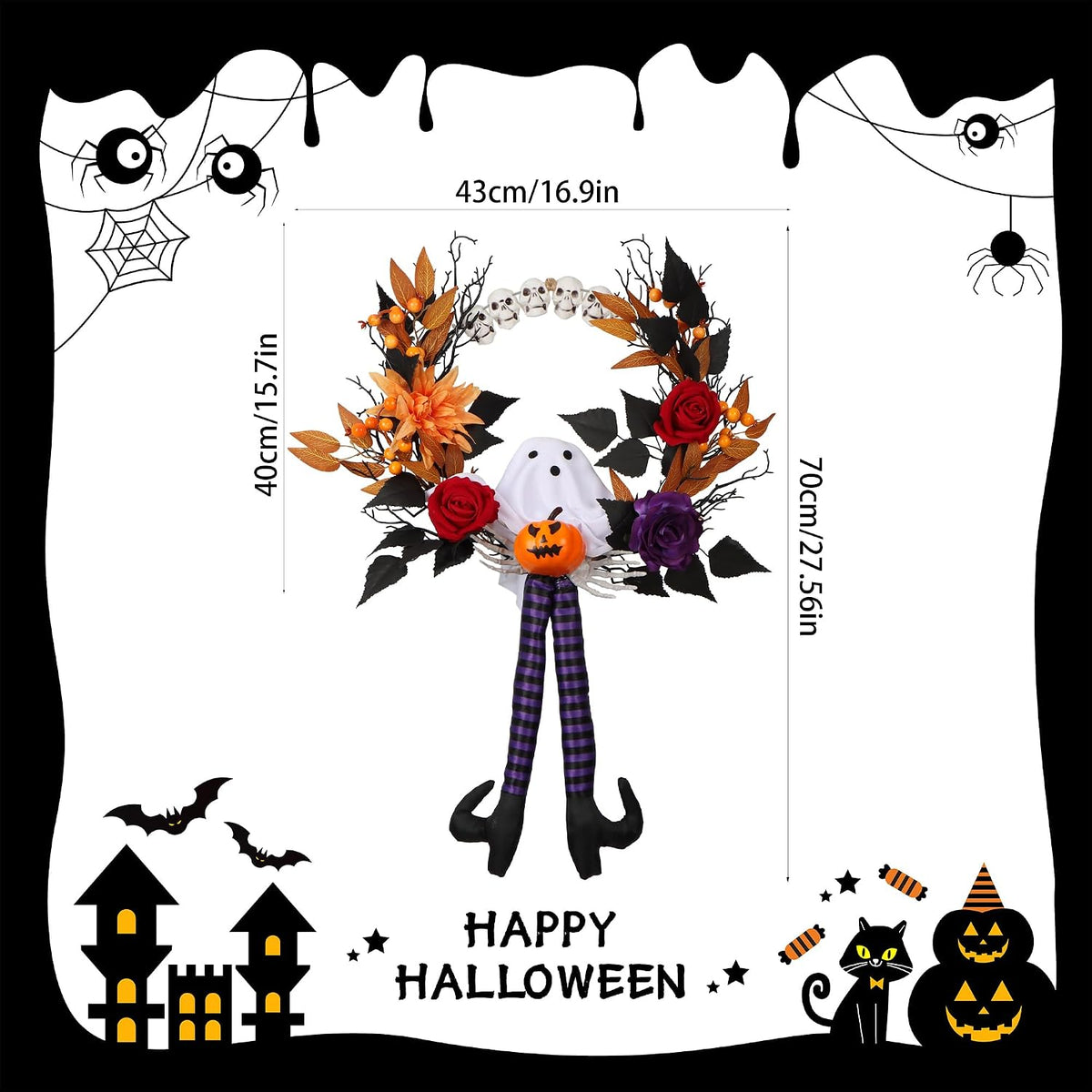 28Inch Length Halloween Wreath for Front Door, Gothic Lighted Fall Wreath