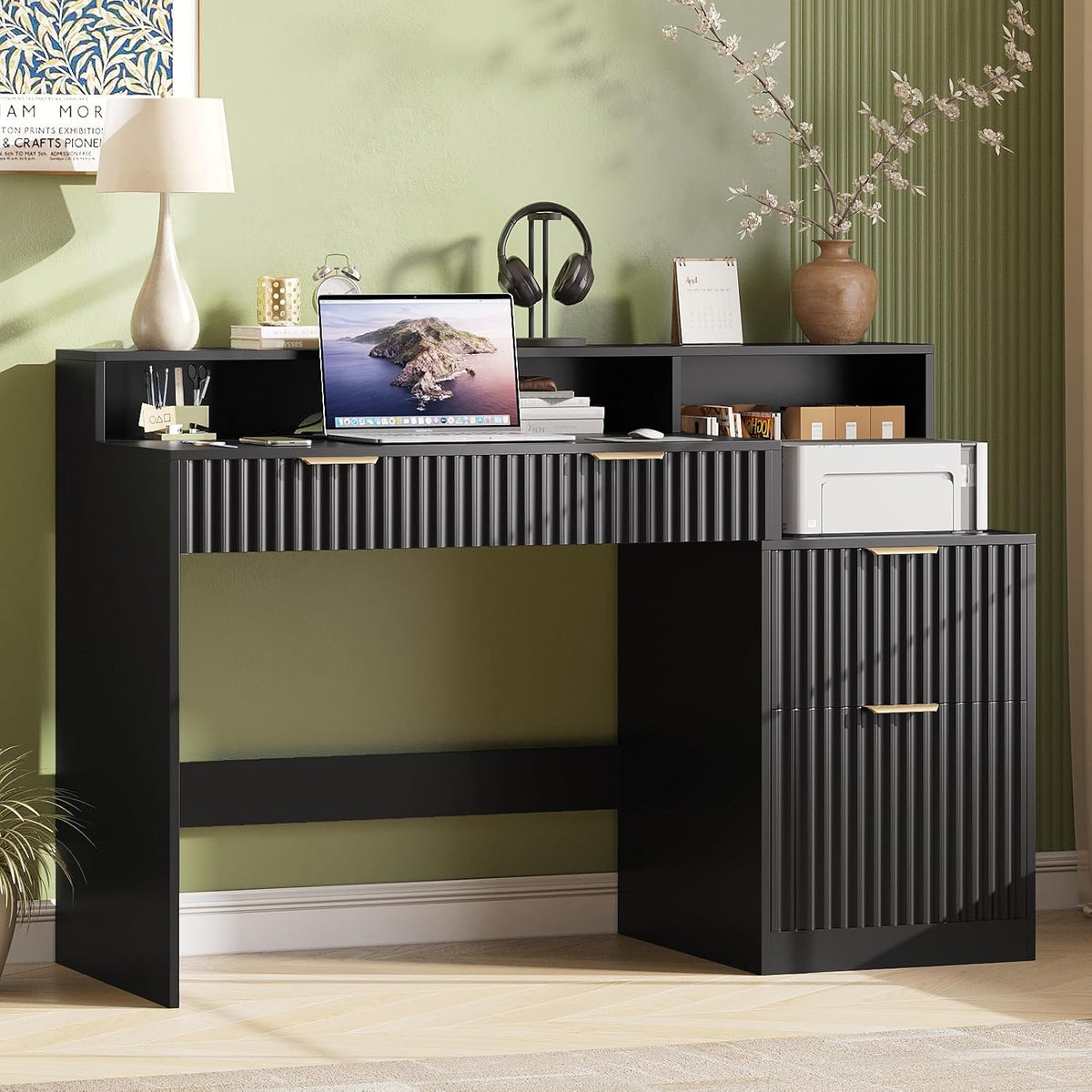 Vabches Fluted Computer Desk with Power Outlets, Home Office Desk with Drawer...