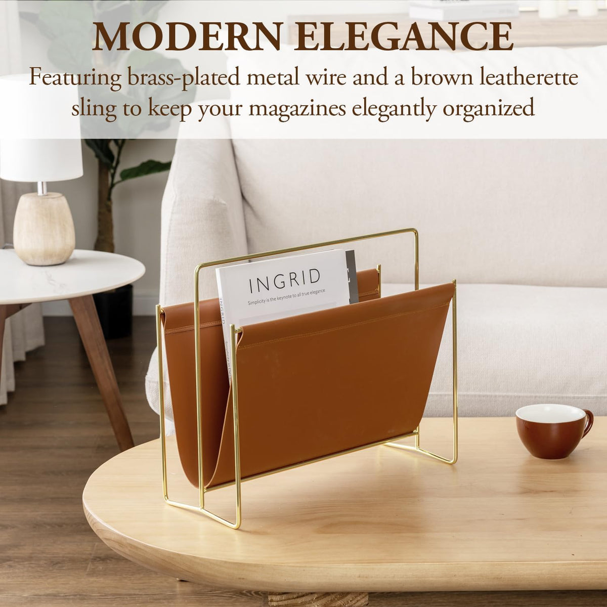 MyGift Caramel Leatherette Magazine Holder with Brass Metal Frame, 15 Inch