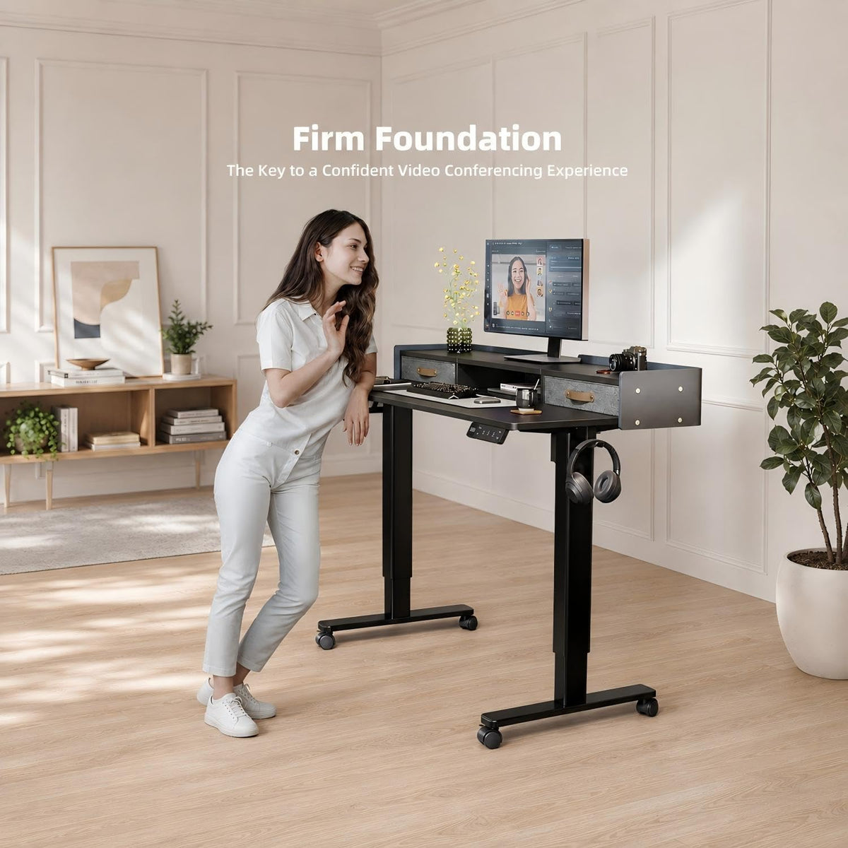 YDN 63 Inch Electric Standing Desk with Drawers & Wheels, Black