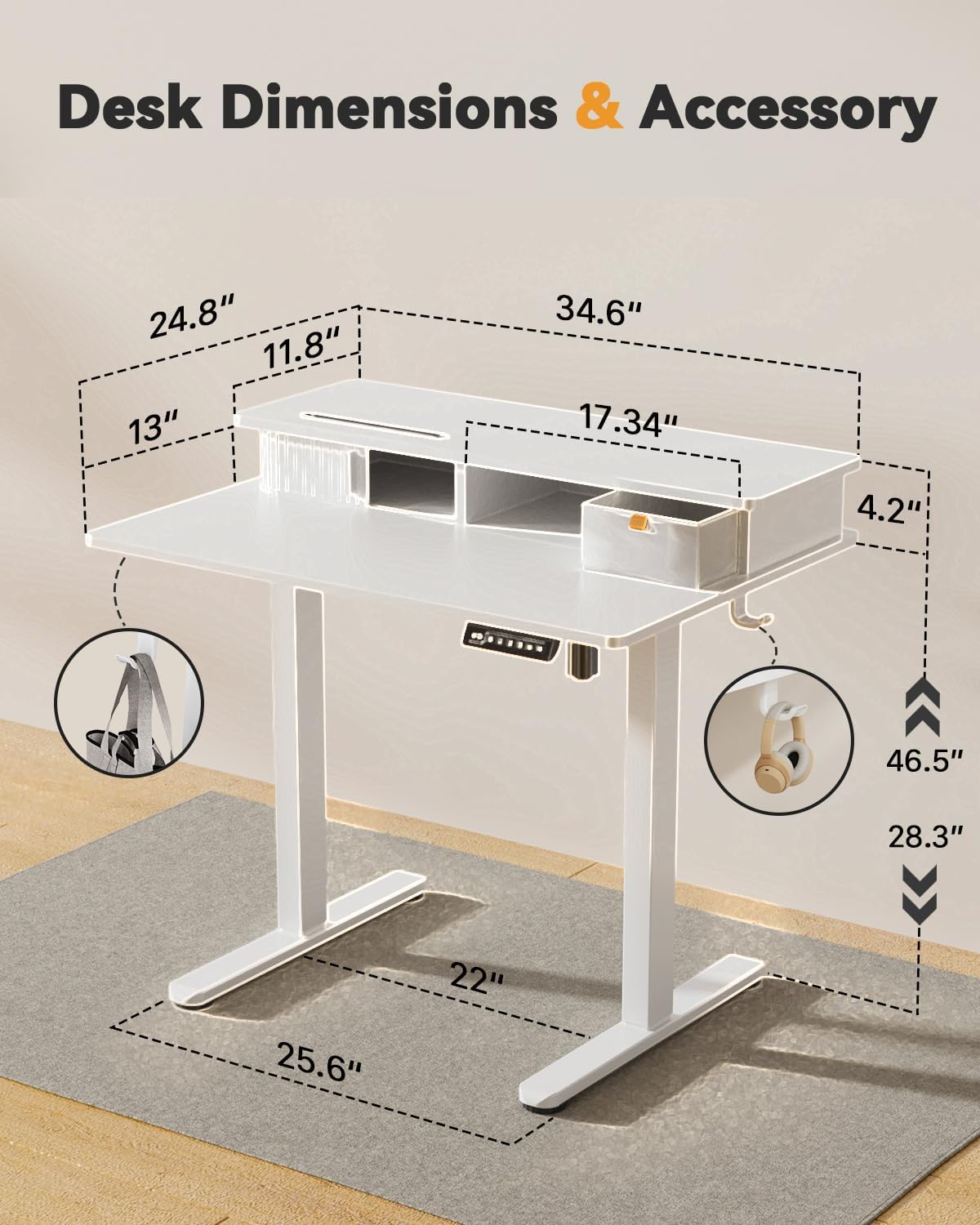 JOY worker 35" Small Electric Standing Desk with Monitor Stand & Sto...