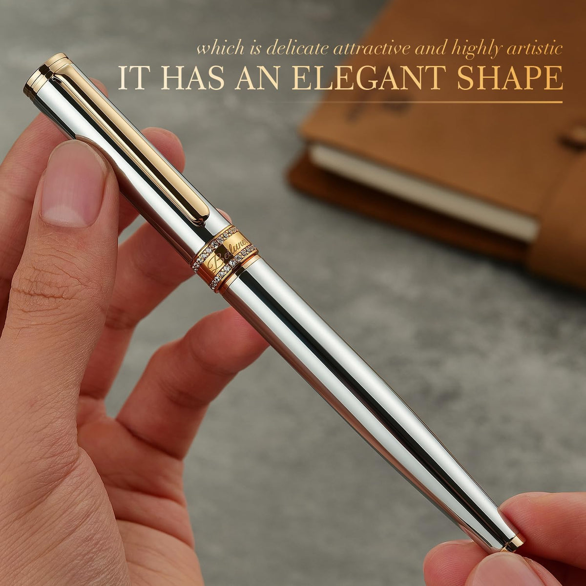 BEILUNER Silver Chrome Rollerball Pen, Diamond-Studded Cap Design, 24K Gold T...