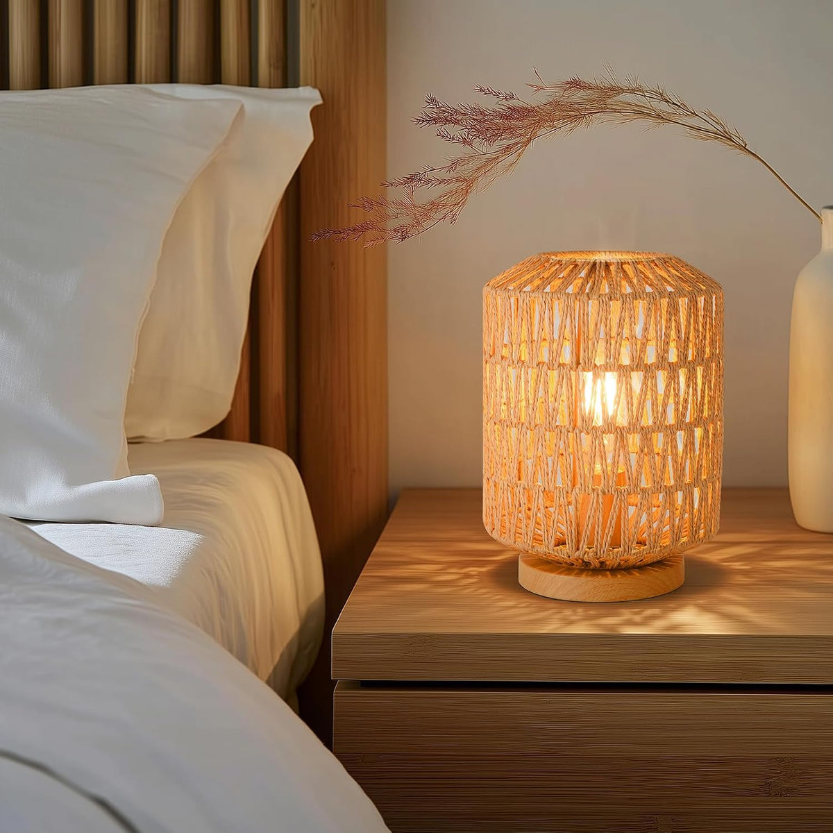 Farmhouse Rattan Table Lamp, Rattan Wicker Table Lamp Metal Base, Handmade Bo...