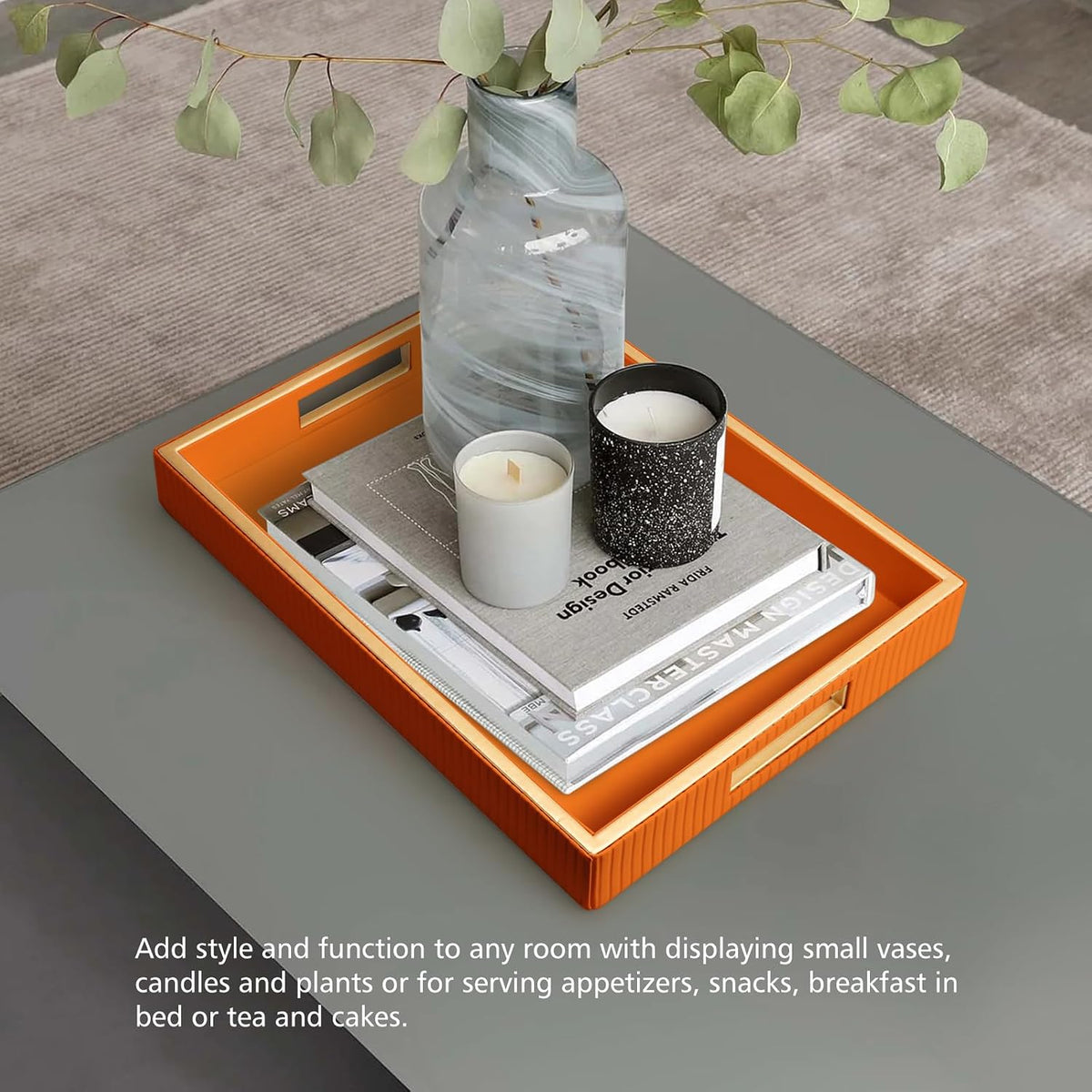 SANZIE Leather Tray Desktop Storage Organizer, Rectangle Valet Tray, Orange