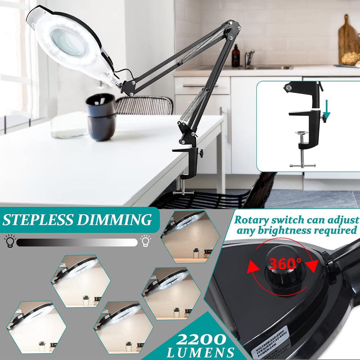 10X & 2200 Lumens Magnifying Glass with Light and Clamp, Black