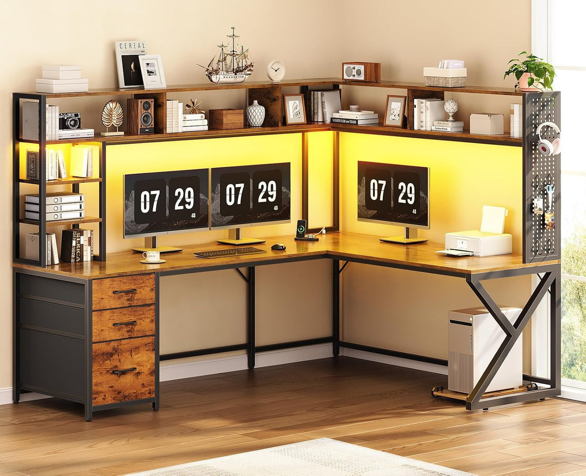 SEDETA L Shaped Computer Desk with Hutch, 3 Drawers, Shelves