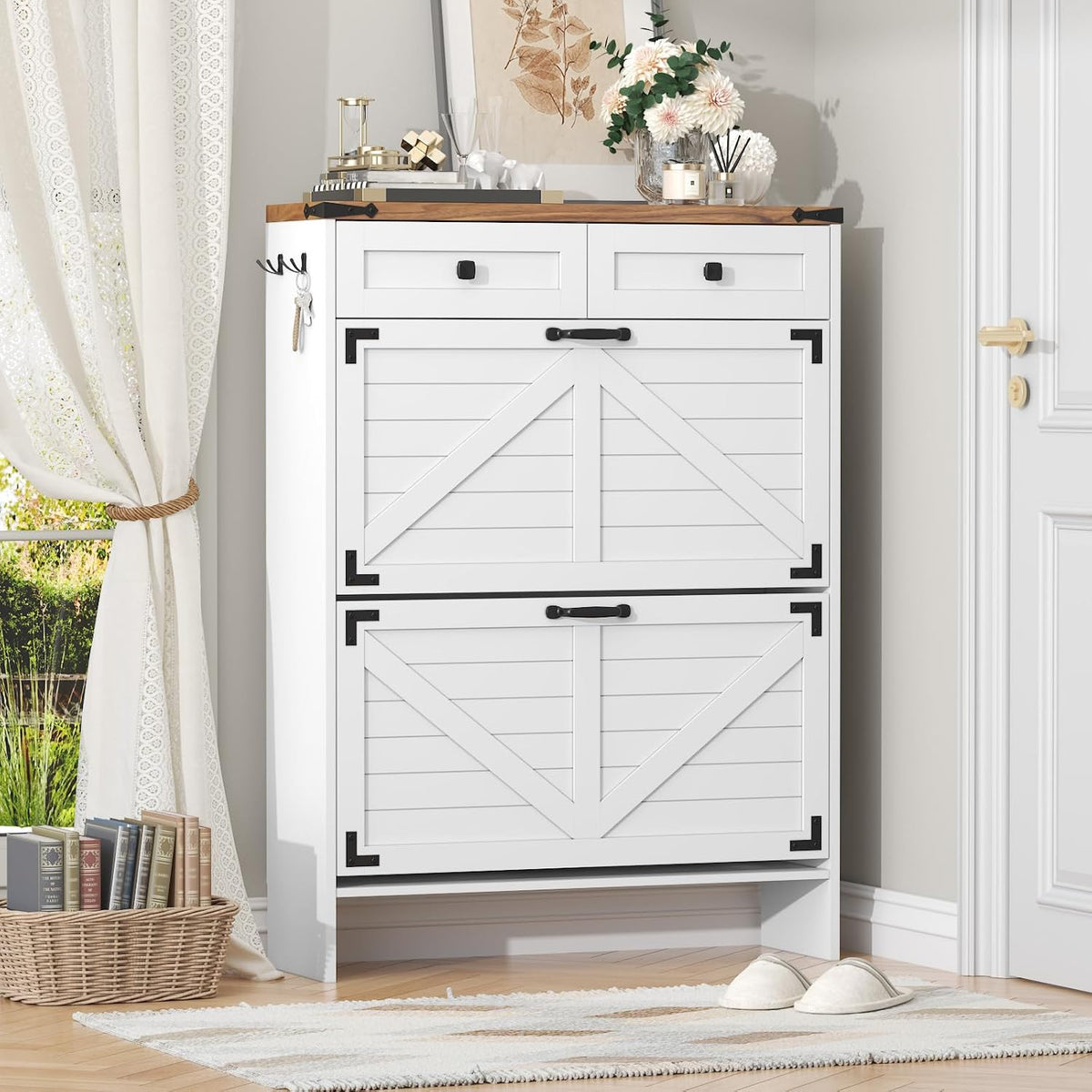 Shoe Cabinet with 2 Flip Drawers, Hidden Shoe Storage Cabinet with 2 Pull-Out...