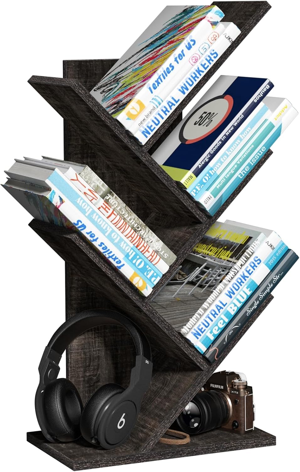 SHEEPAM Small Tree Book Shelf,5 Tier Bookshelf, Wood Desktop Bookcase