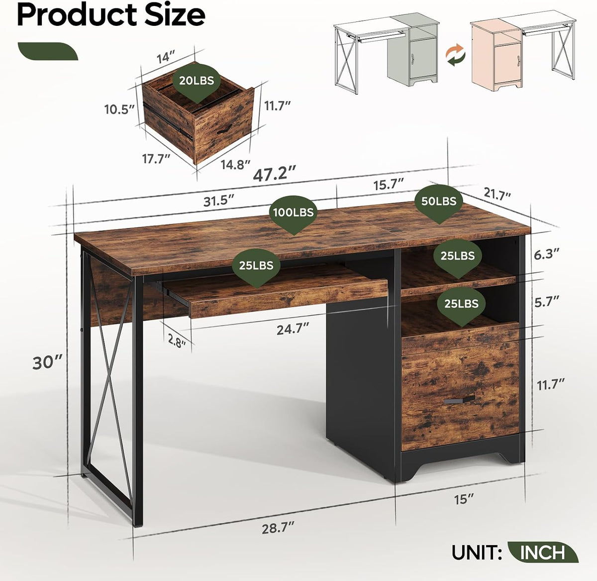 Bestier 47" Computer Desk with Drawers, Home Office Desk with Keyboard T...