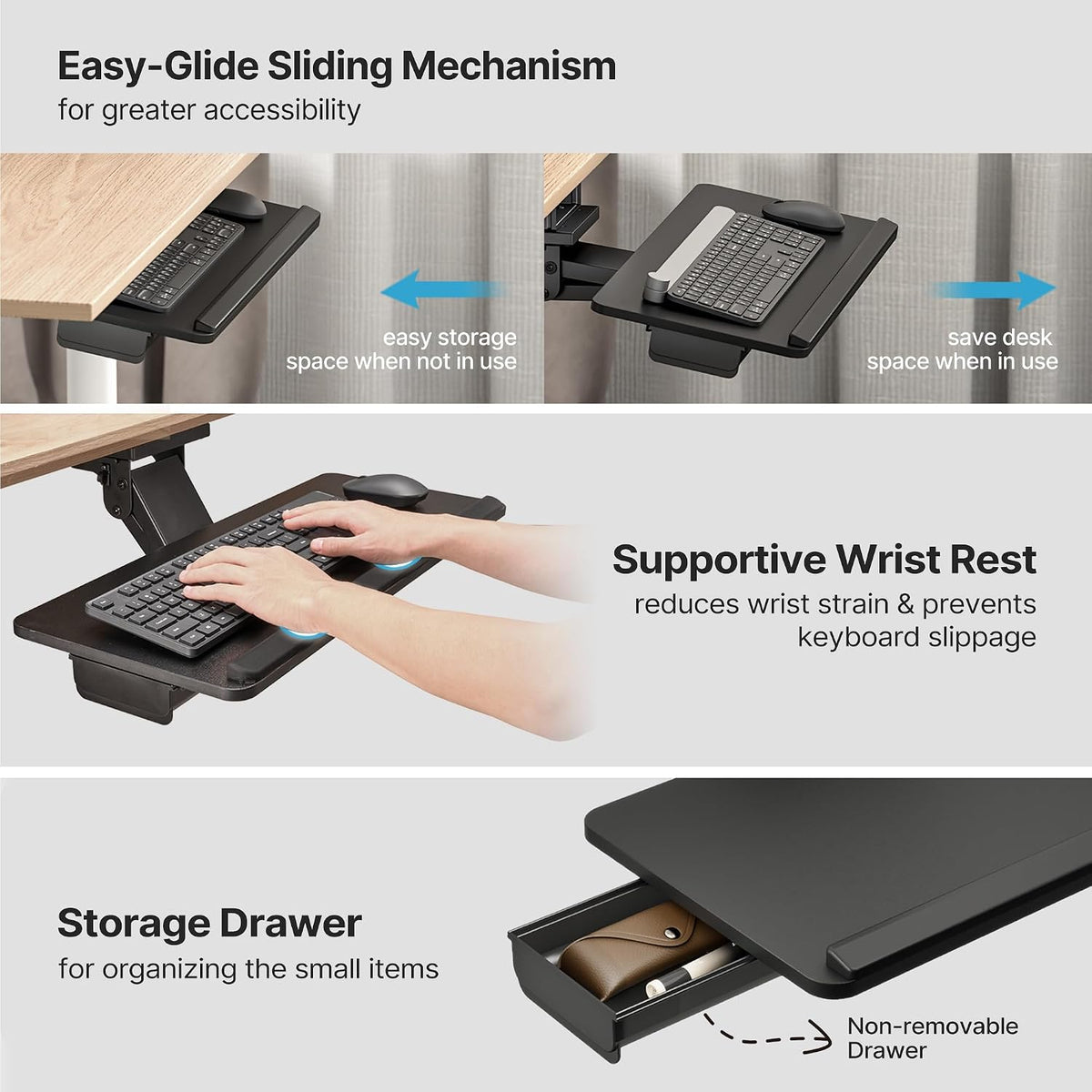 PEGZONE Keyboard Tray Under Desk Slide Out, 25 x 11 inch, Black