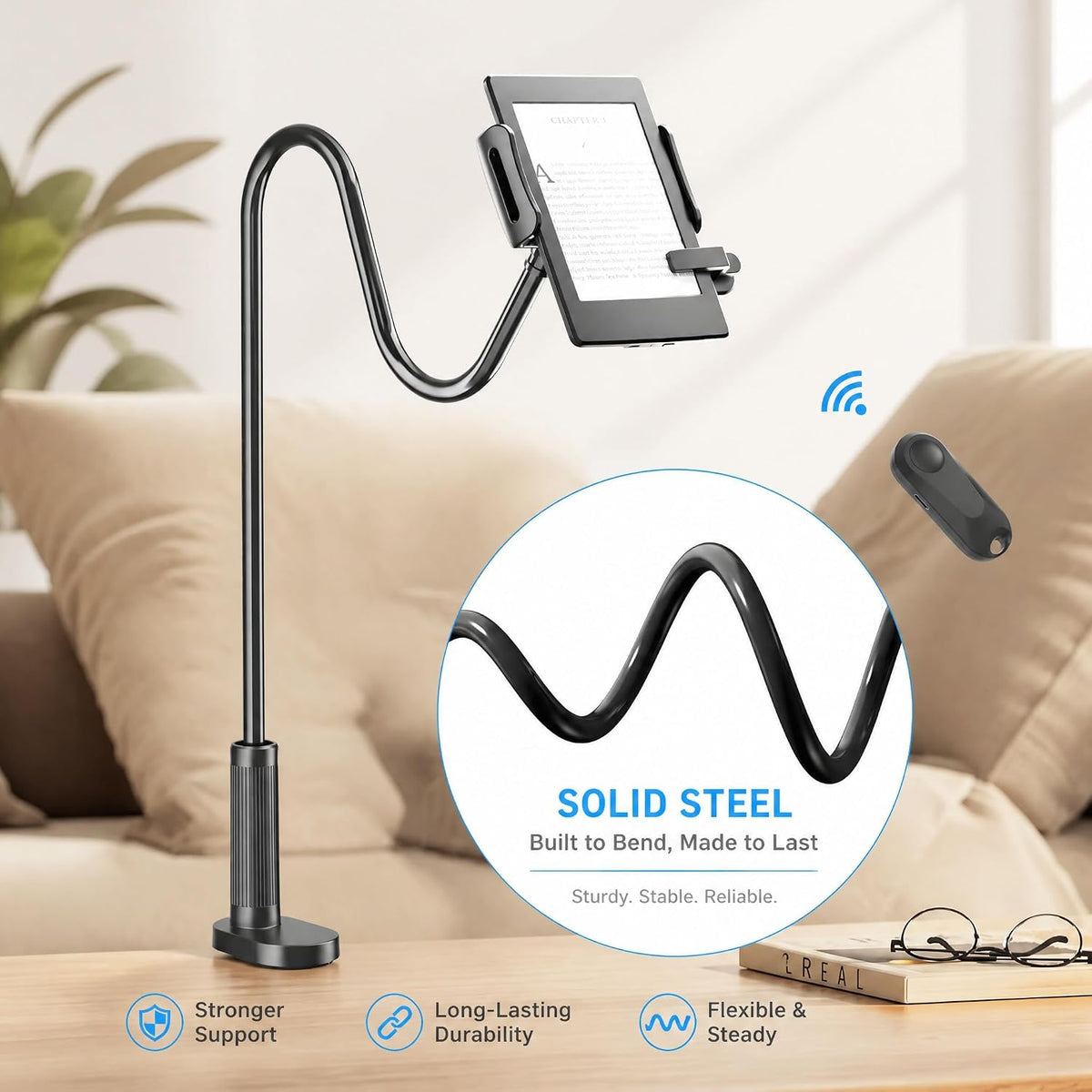 Kefotic Gooseneck Holder for Kindle Reading in Bed with Page Turner Remote