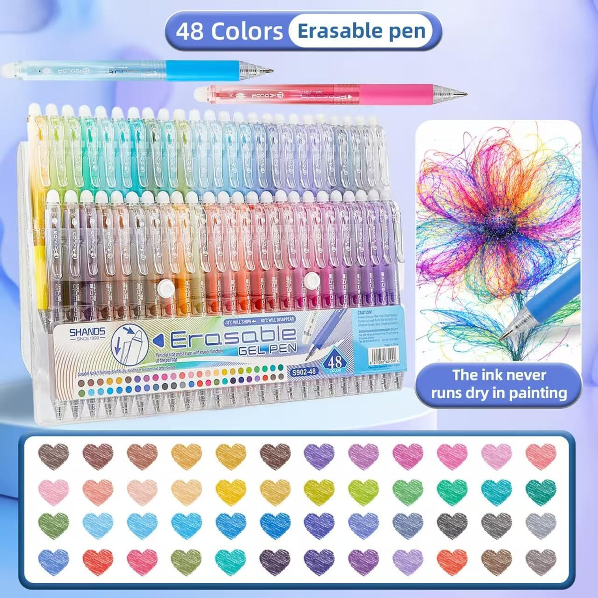 48 Colors Retractable Erasable Gel Pens Clicker,Fine Point 0.7mm Smooth Writi...