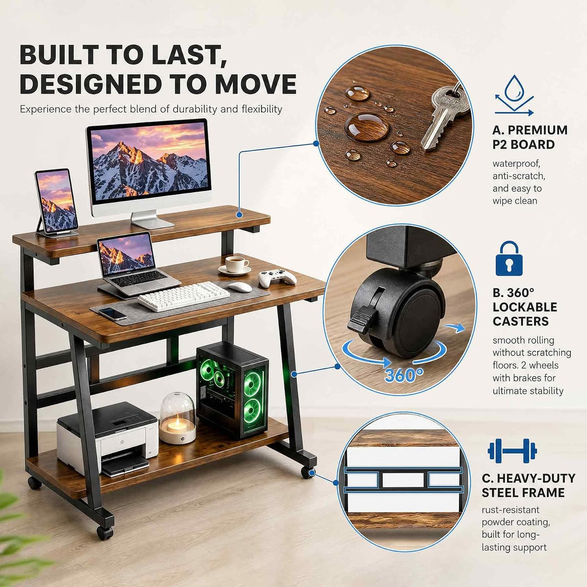 Rolling Computer Desk, 31.5 Inch Small Desks For Small Space, Portable Small ...