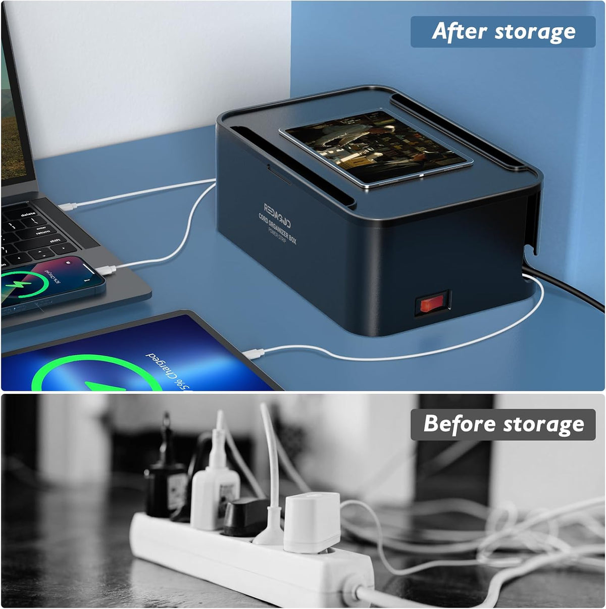 Power Strips with Cable Management Box, Surge Protector, Black