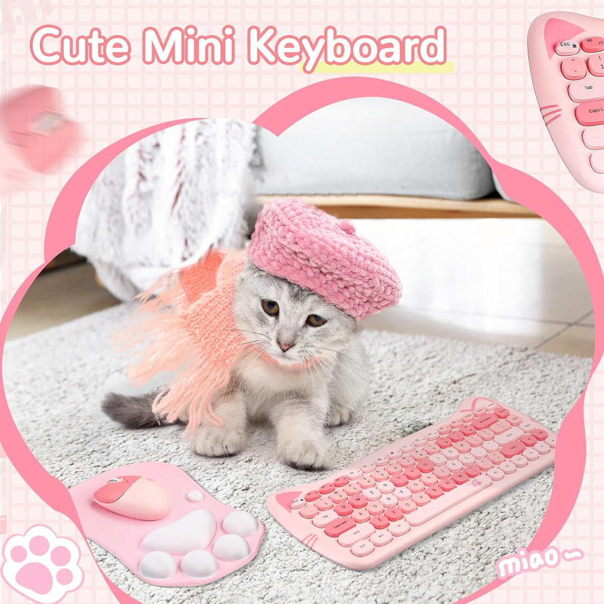 3 Pcs Cute Cat Keyboard and Mouse Combo, USB Wireless with Cat Paw Mouse Pad,...