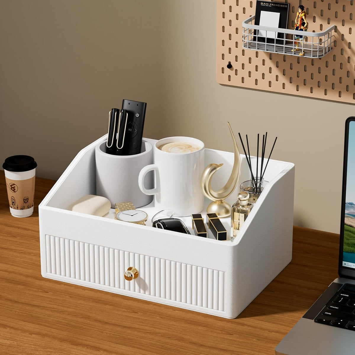 LADSTAG Office Desk Accessories,Beige White Vegan Leather Office Organizer wi...