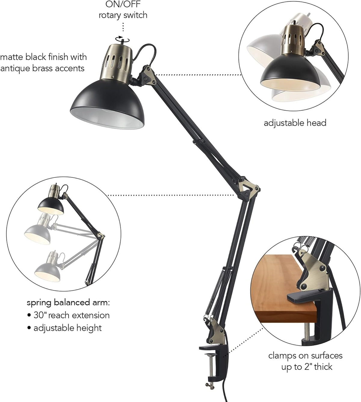 Globe Electric 62000009 32" Multi-Joint Desk Lamp with Metal Clamp, Matt...