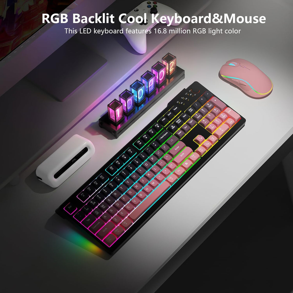 Wireless Keyboard and Mouse Combo, RGB Backlit Rechargeable 2000 mAh Battery,...