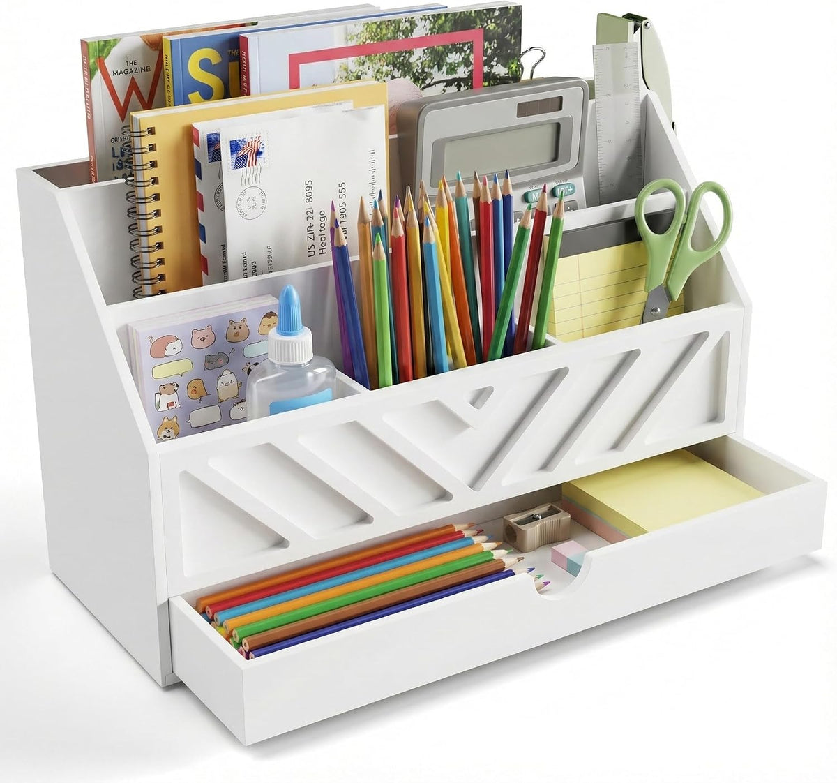 SRIWATANA White Wooden Desk Organizer & Mail Organizer with Drawer