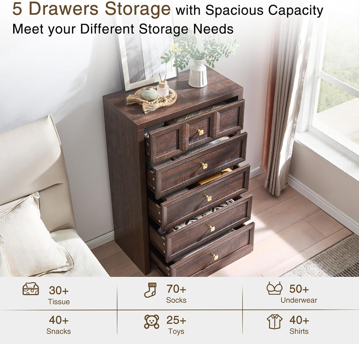5 Drawers Dresser for Bedroom, 45.7" Tall Large Dresser & Chests of ...