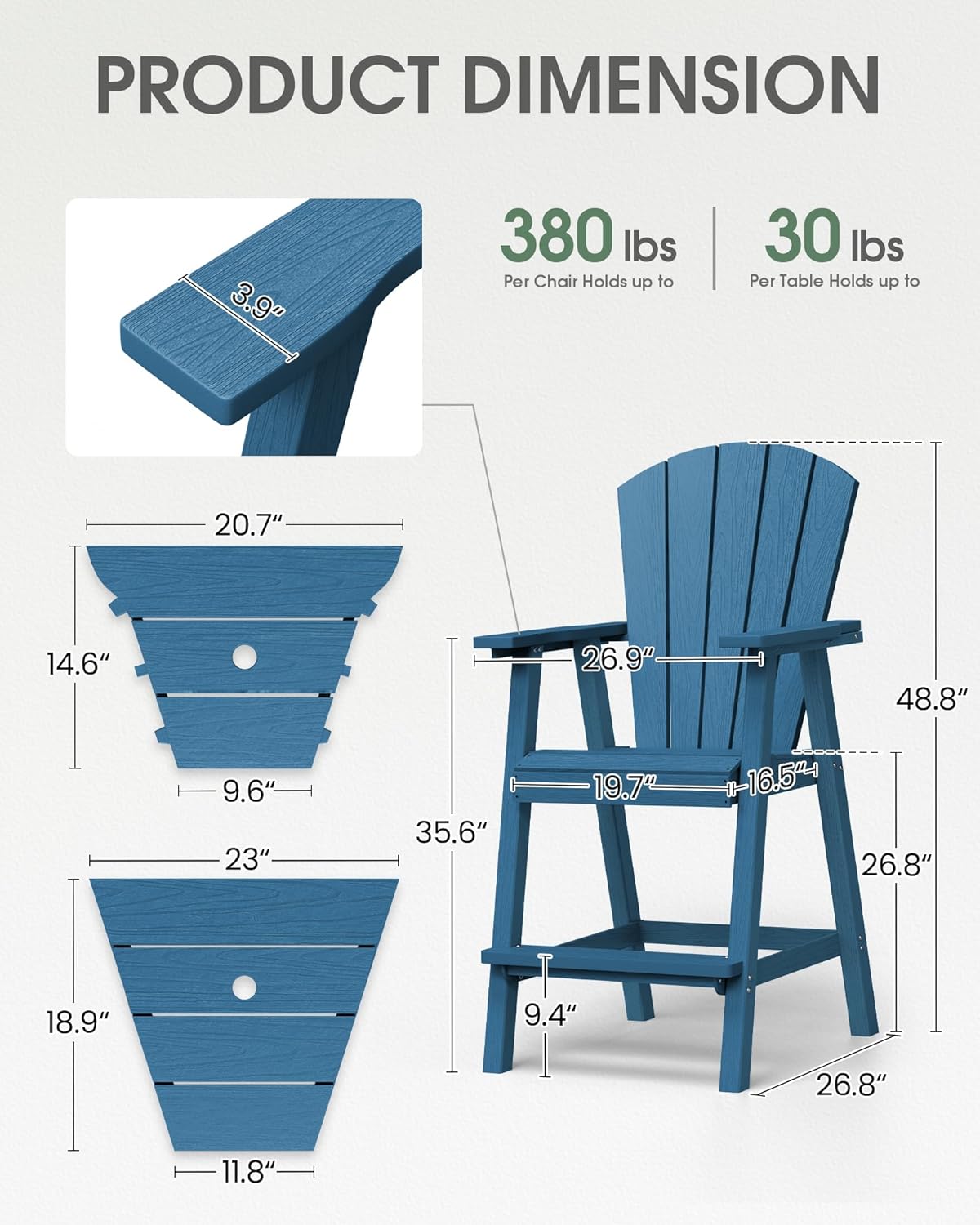 Tall Adirondack Chairs Set of 2 with Table Trays, Navy Blue