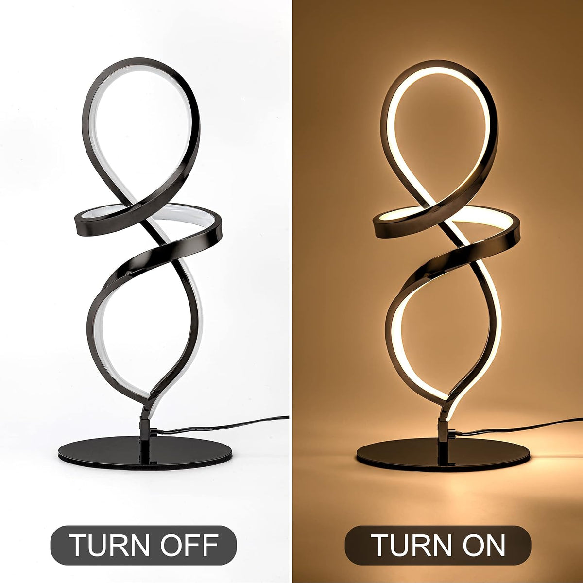 Modern Small Table Lamp with LED Spiral Design, 12W Black Nightstand Lamp