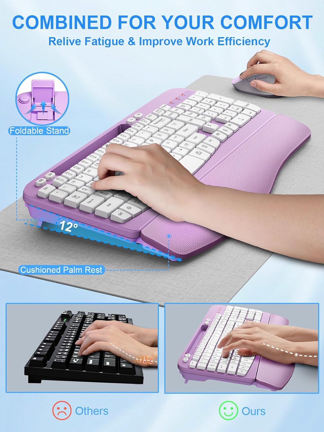 Hayyiesh Ergonomic Wave Keys Wireless Keyboard and Mouse Combo, Full Size wit...