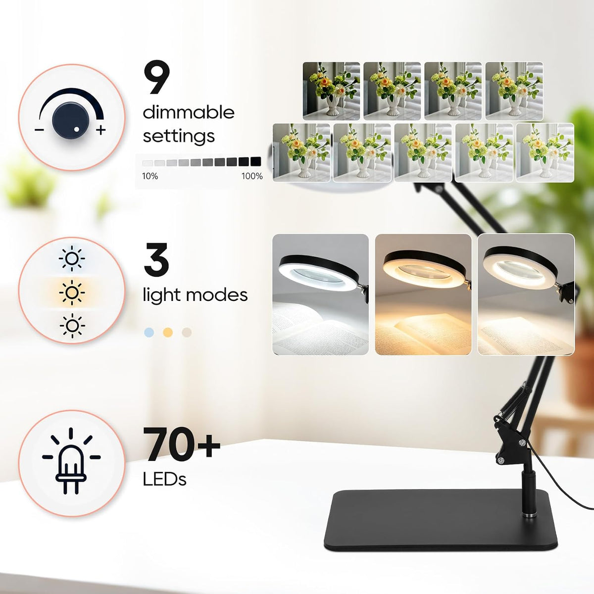 15X Magnifying Glass with Light and Stand – Real Glass Lens,Various lights