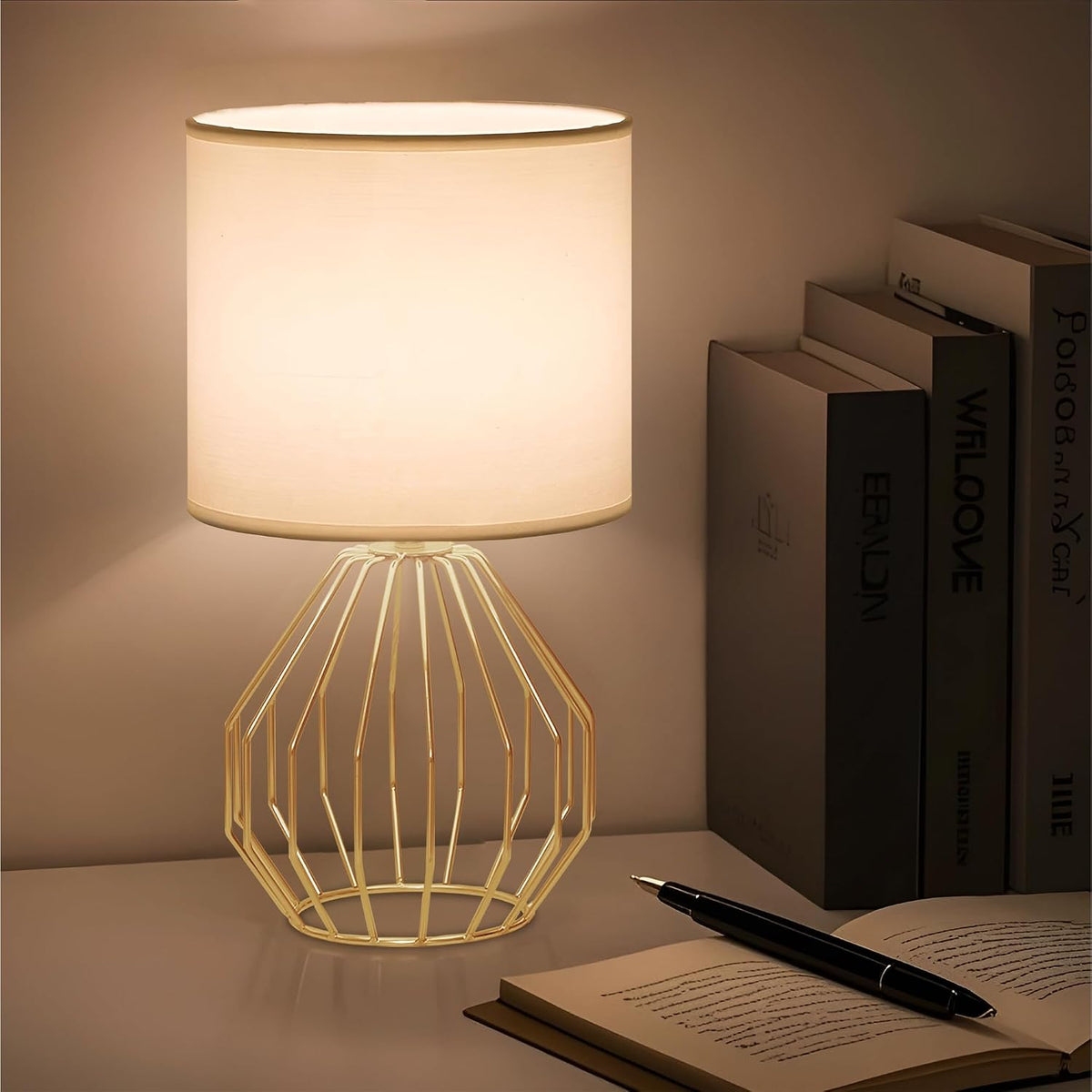 Small Gold Table Lamps, Set of 2 Bedside Nightstand Lamps with White Fabric S...