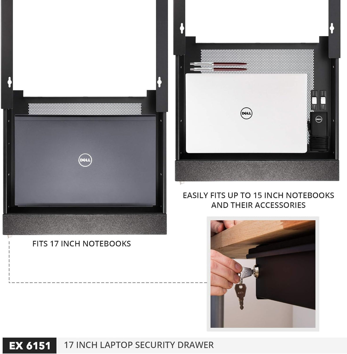 Penn Elcom Under Desk Laptop Drawer, Lockable, for 17” Laptops - Premium Slid...