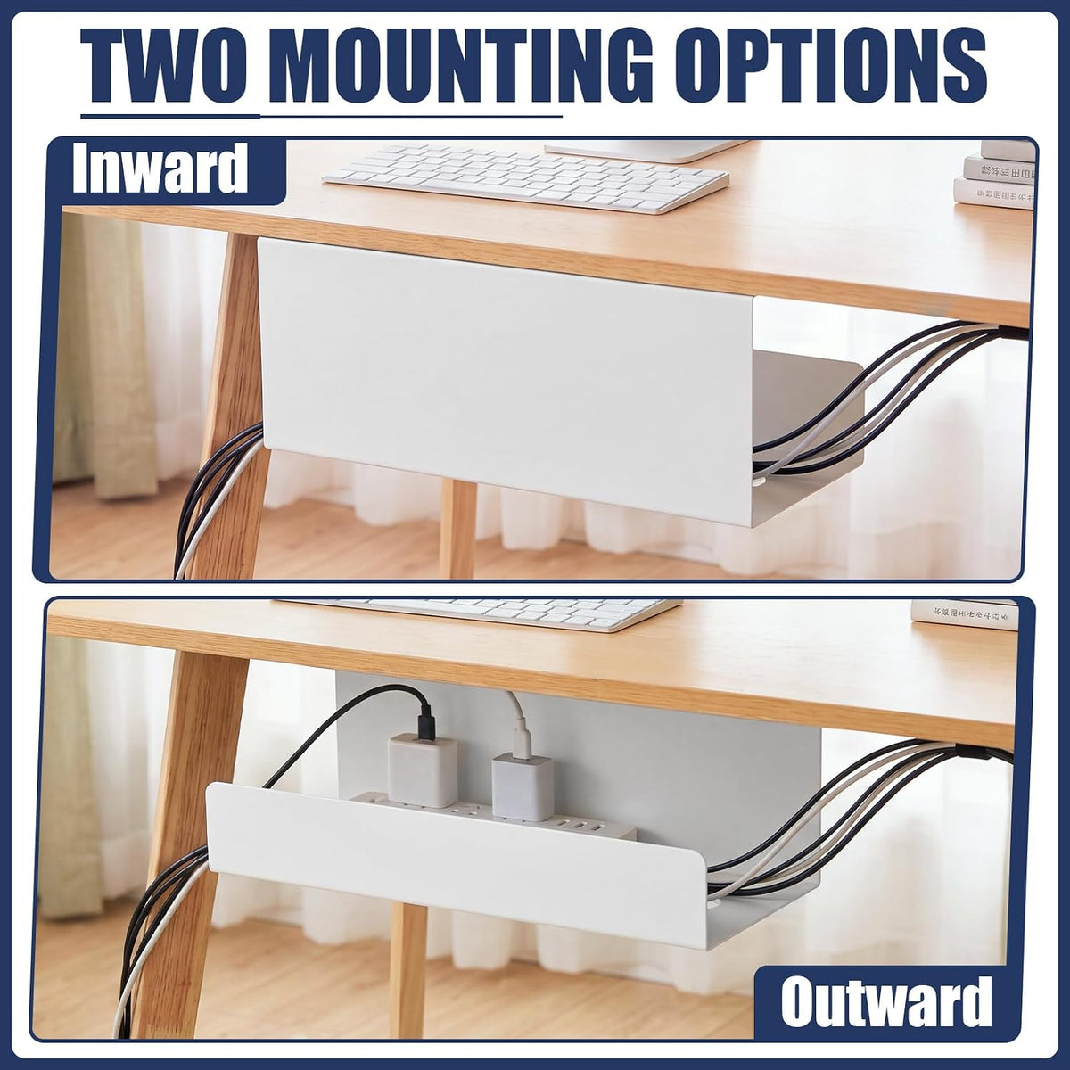 2 Pack Under Desk Cable Management Tray,Hold 11 lbs, 16 x 6 x 6 Inch, White