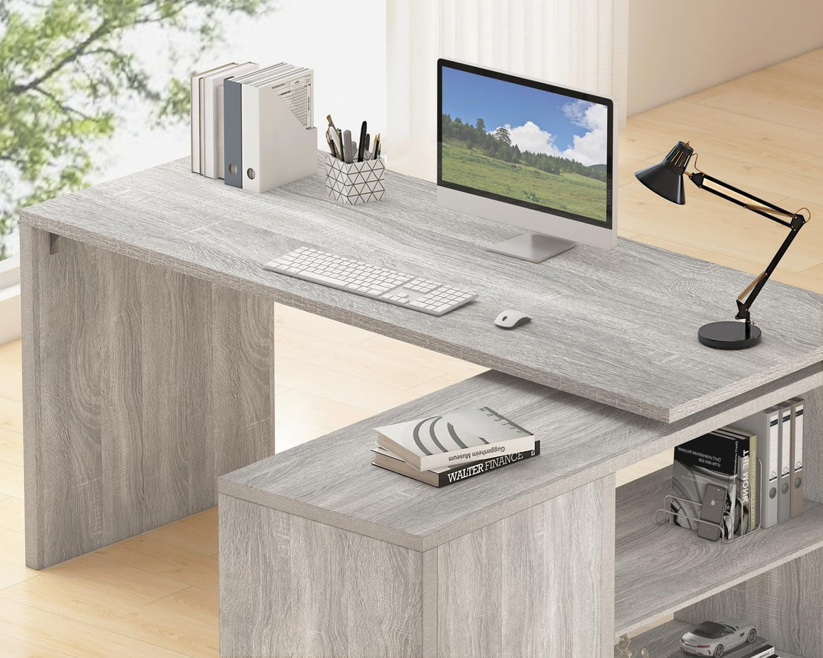 HSH L Shaped Corner Desk, Reversible Computer Desk, Light Grey, 55 Inch
