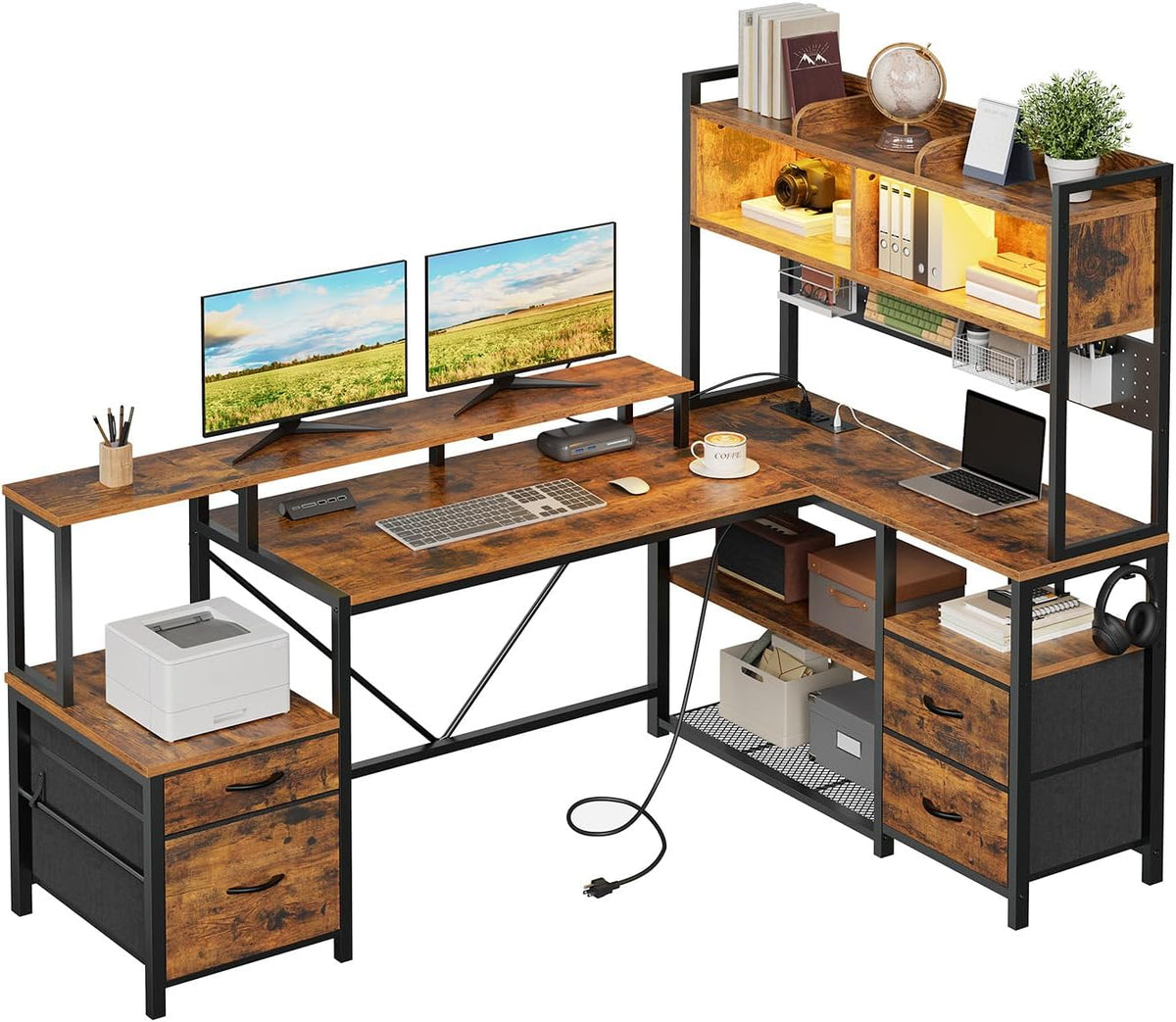 RALGEND L Shaped Gaming Desk with Storage Drawers & Shelves, Power Outlets