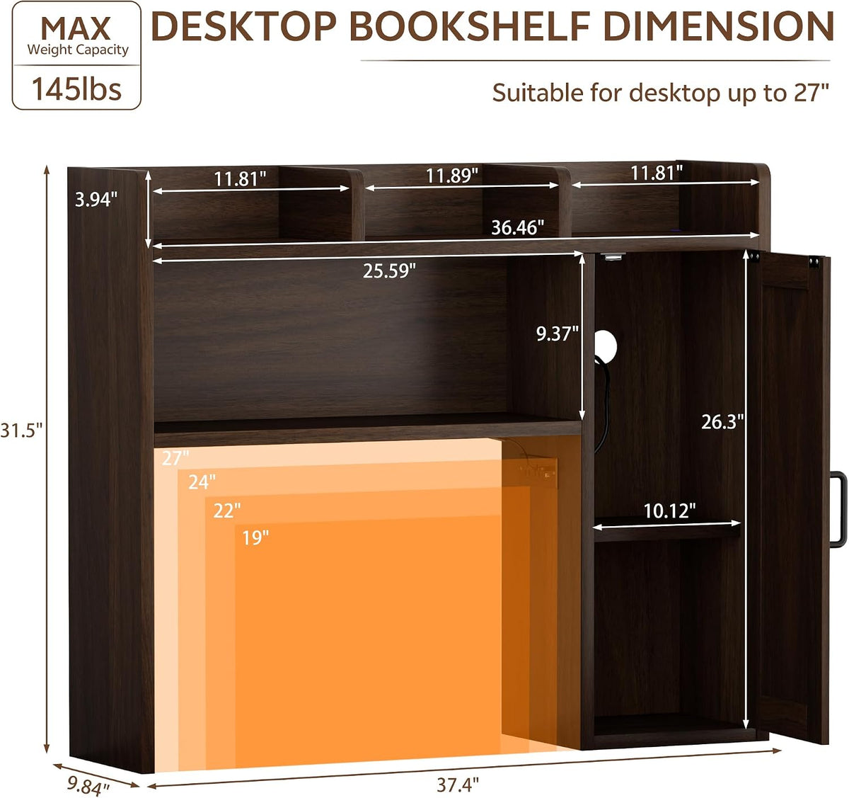Desktop Bookshelf, Desk Hutch with RGB LED Lights & Power Outlets