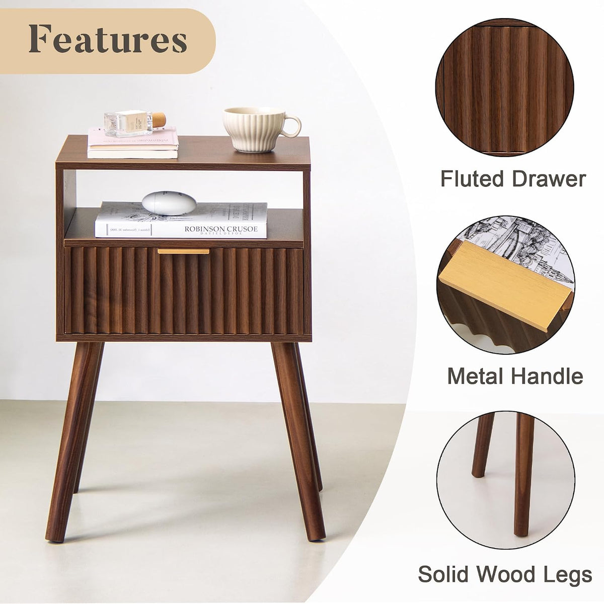 Fultyle Walnut Nightstand, Fluted Night Stand with Drawer and Open Shelf