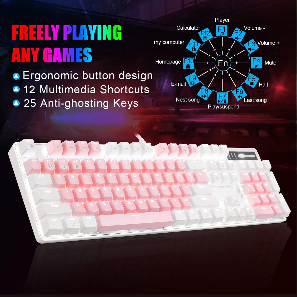 MageGee Mechanical Gaming Keyboard, New Upgraded Blue Switch 104 Keys White B...