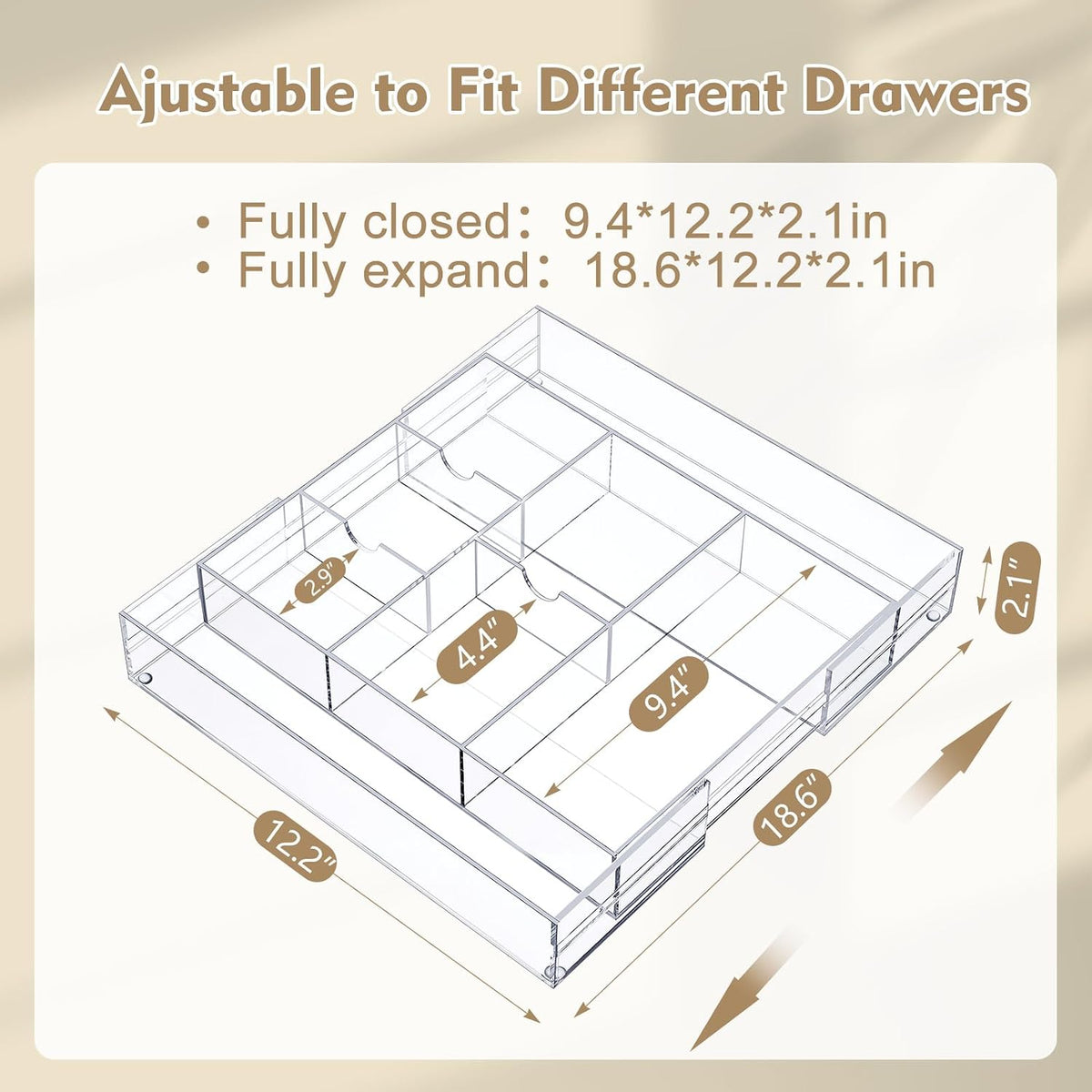 Briwooody 2 Pcs Acrylic Drawer Organizer, 12 x 18 x 2.1'', 8 Compartm...