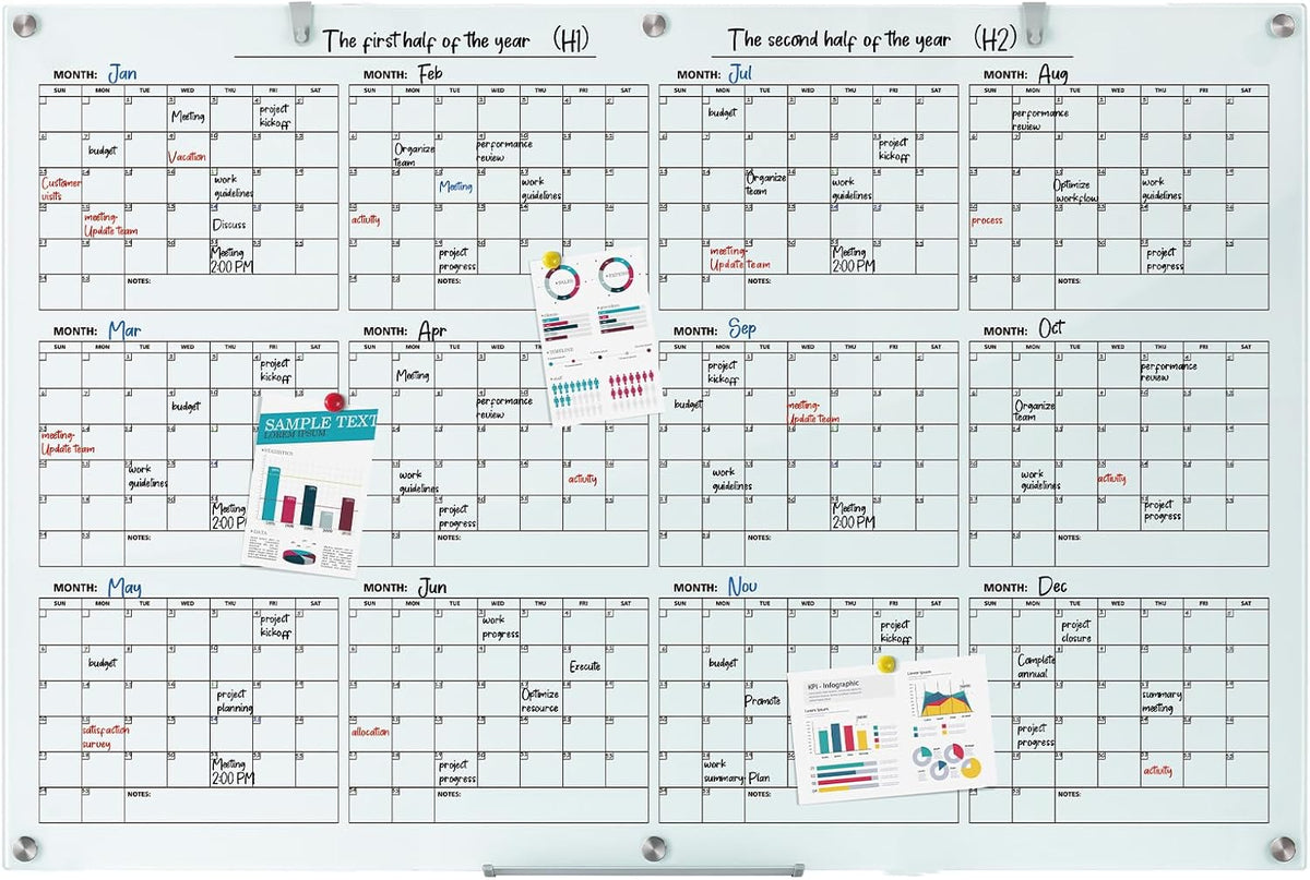 Wingwise Glass Calendar Whiteboard, 72 x 48 Inches Dry Erase Planner Board