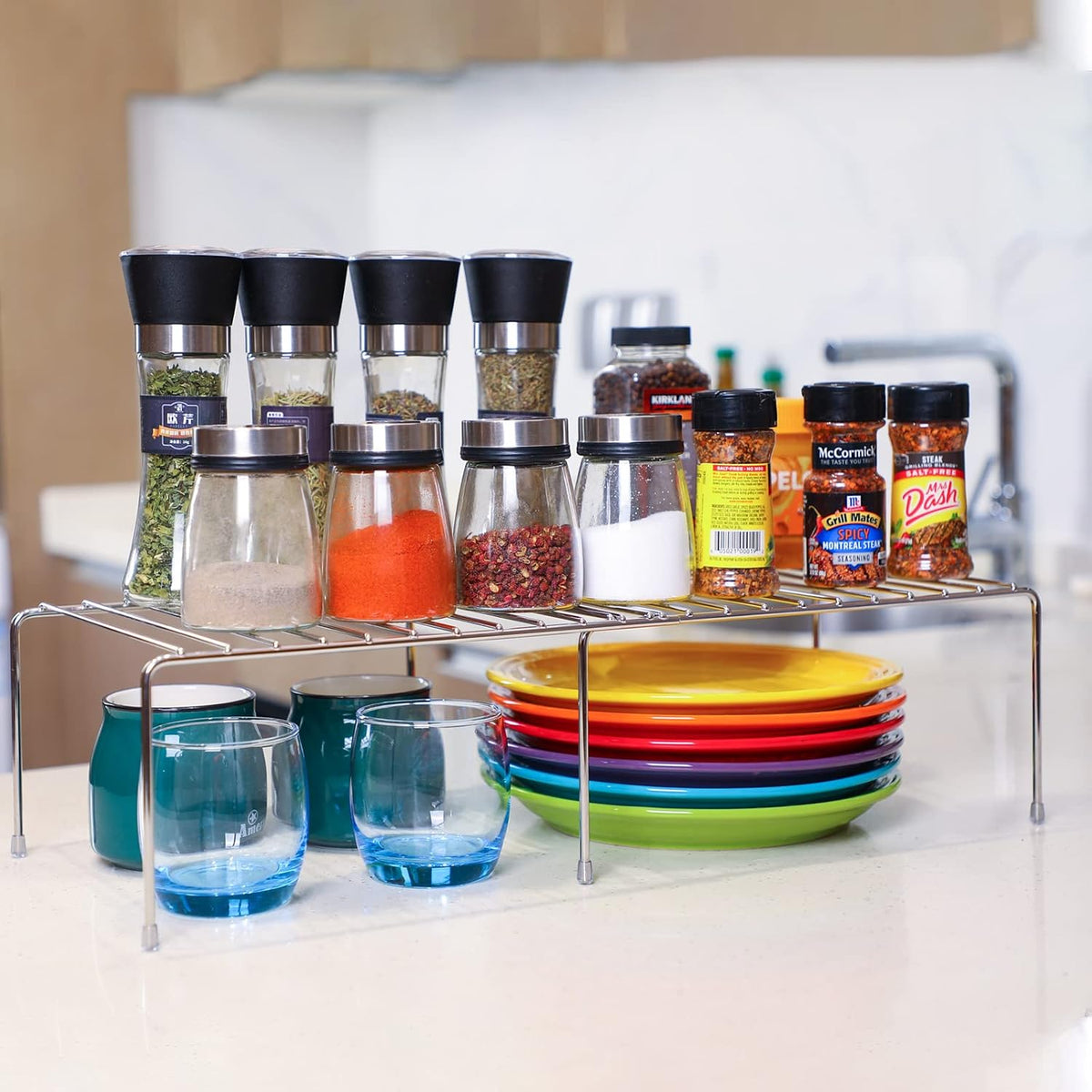 Expandable Cabinet Shelf Rack, Stainless Steel Adjustable Kitchen Countertop ...
