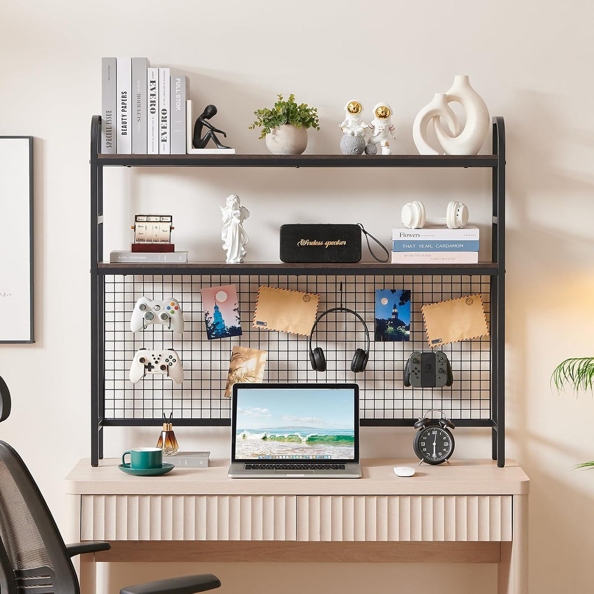 Desk Shelf, 45.3” Desktop Organizer Shelf with Grid Panel and Hooks, Desk Hut...