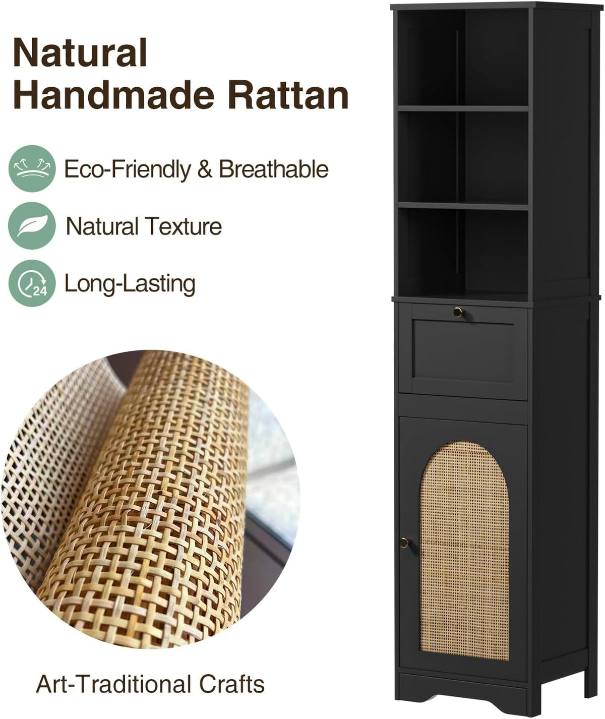 Tall Narrow Rattan Bathroom Storage Cabinet with Doors and Drawers, Black