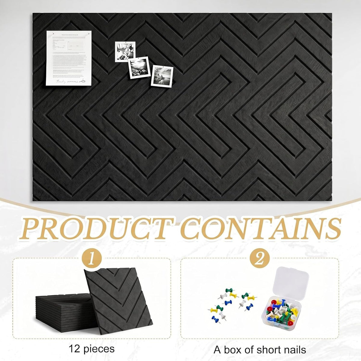 Large Bulletin Board with Push Pin, 12 Pack, 48"x36", Black Chevron
