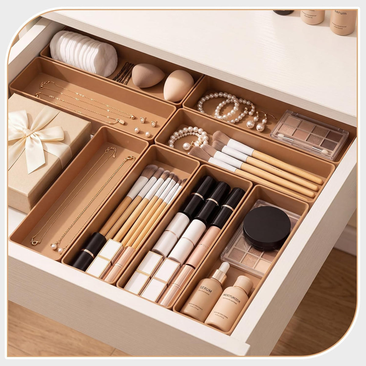 Teling 12 Pcs Brown Plastic Desk Drawer Organizer Pen Tray Shallow