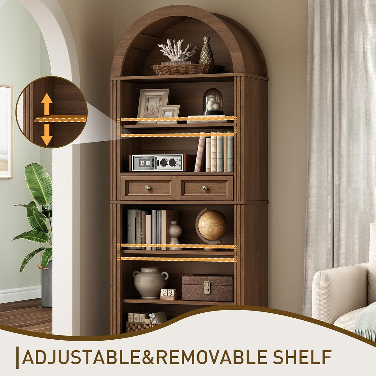 RALGEND Arched Bookshelf, 73" Tall Arch Bookcase with Drawer, 6-Tier Far...