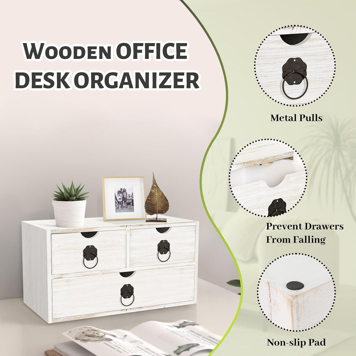 Wood Desk Organizer with Drawer, White Wooden Desktop Organizer, Tabletop Sto...