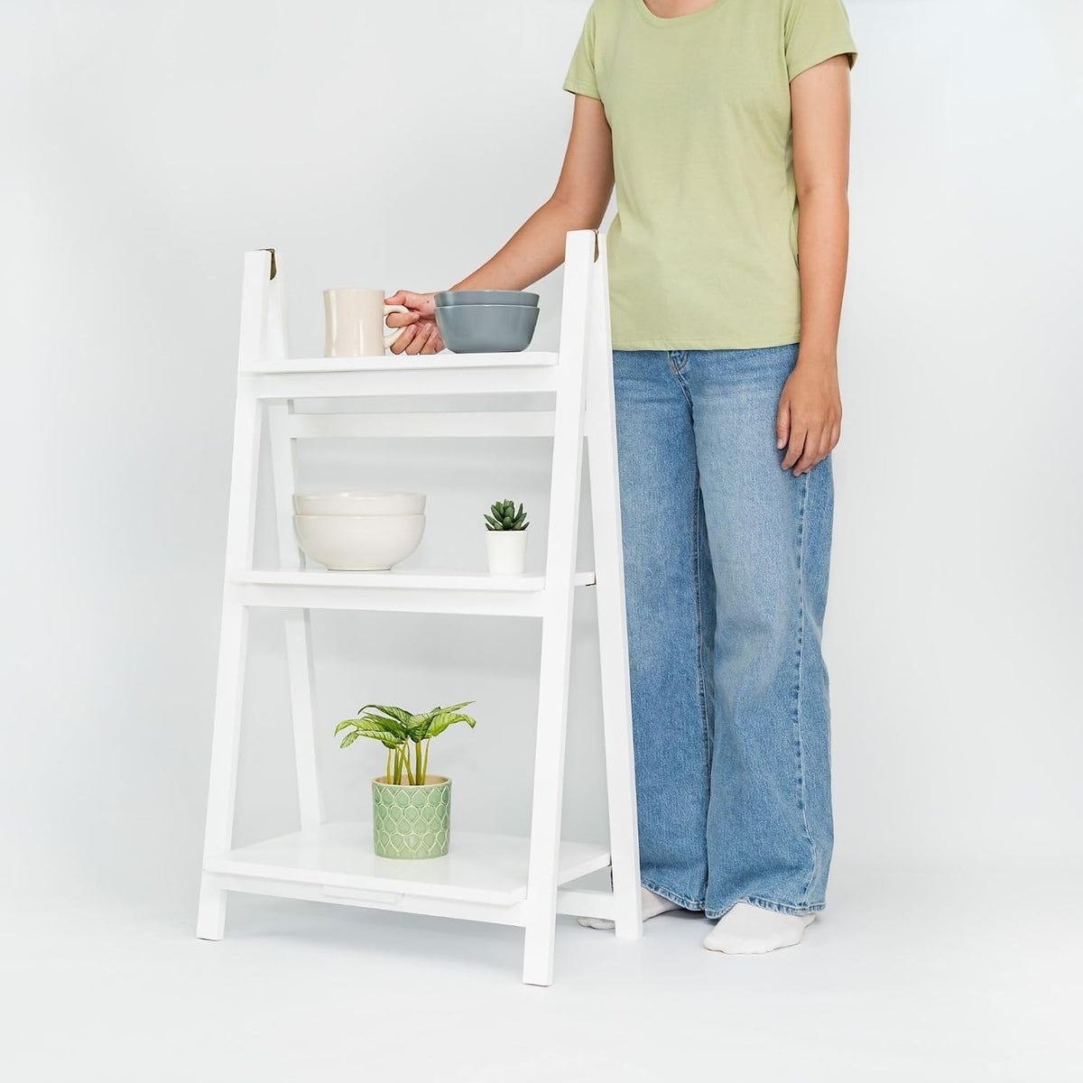 PJ Wood 3-Tier Foldable Bookshelf, A-Frame, White
