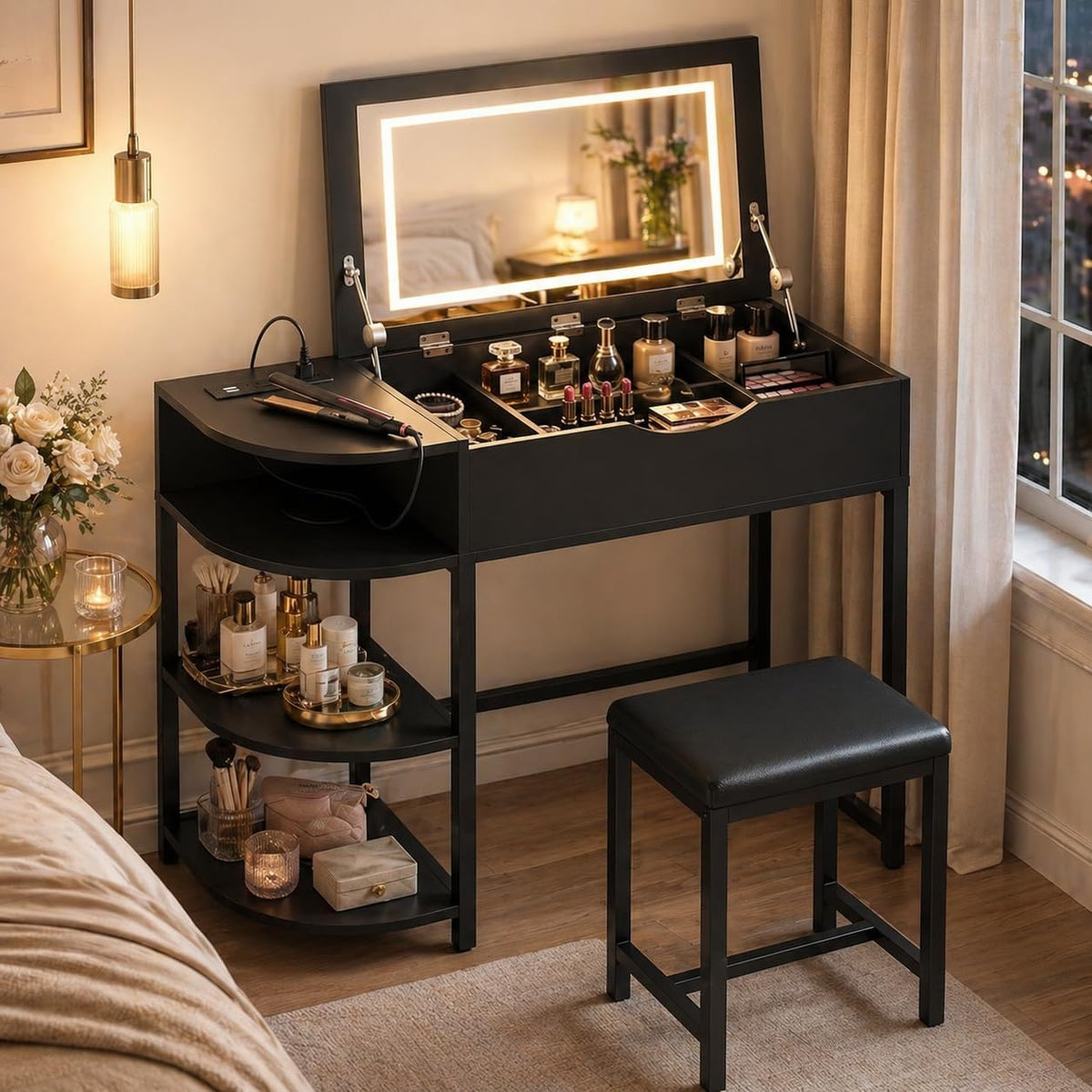 Cyclysio Vanity Desk with Flip Top Mirror and Lights, Black