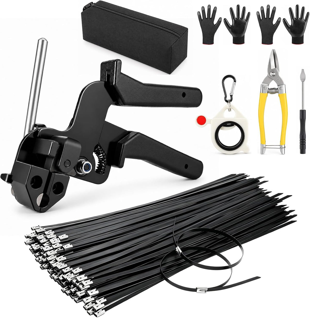 100PCS 12" Stainless Steel Cable Tie Gun Kit, Black Metal Zip Ties